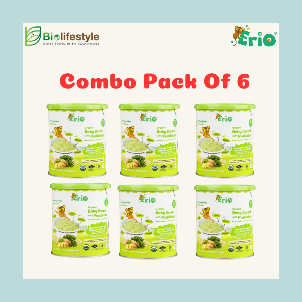 (Combo Pack Of 6) Erio Organic Baby Cereal With Prebiotic - Ancient Grains with Kale, Potato & Chia (200g x 6)