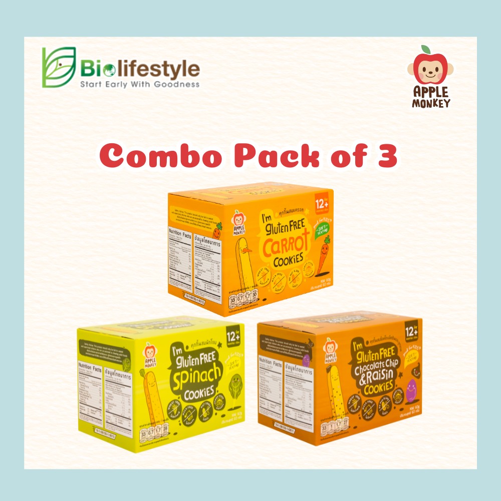 (Combo Pack of 3) Apple Monkey Gluten Free Cookies (60g)