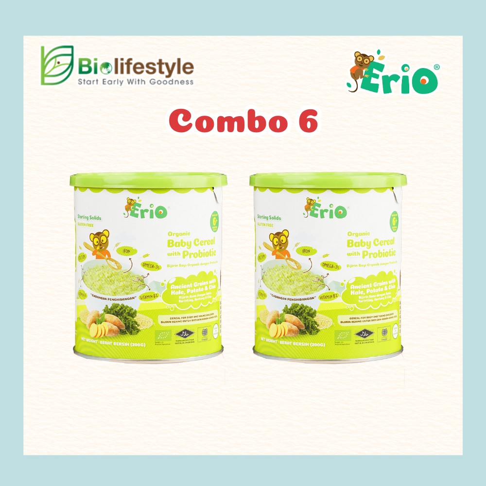 (Combo Pack Of 6) Erio Organic Baby Cereal With Probiotic - Ancient Grains with Kale, Potato & Chia (200g x 6)