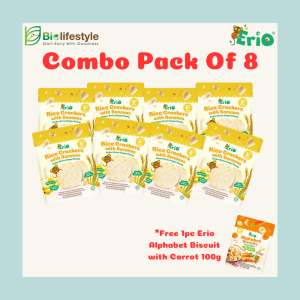 (Combo Pack Of 8) Erio Rice Crackers With Bananas (25g x8) Free 1 Pc Erio Alphabet Biscuits Carrot