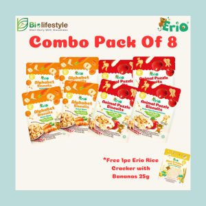 (Combo Pack Of 8) Erio Biscuits (100g x 8) Free 1 Pc Erio Rice Crackers Bananas